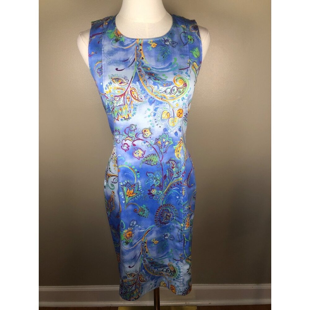 Leggiadro Cotton Blend Blue Paisley Sleeveless Shift Dress Size 4